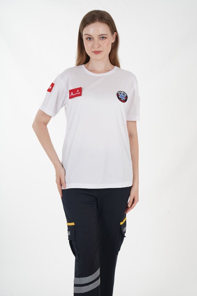 Paramedik Sıfır Yaka Beyaz Comfort T-shirt (Unisex-Fileli)