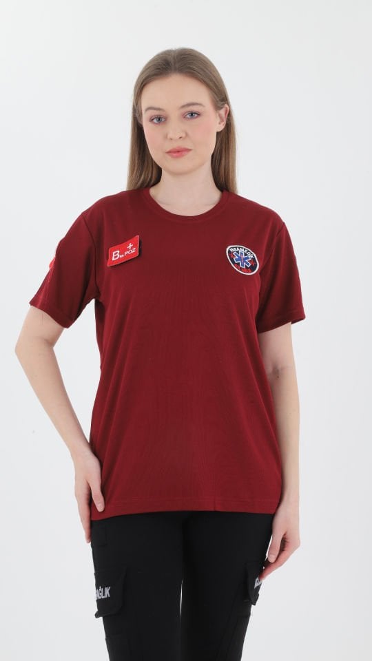 YENİ Paramedik Bordo Sıfır Yaka Comfort T-shirt(Fileli-Unisex)