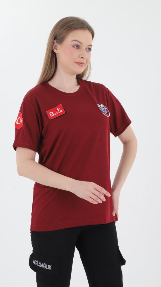 YENİ Paramedik Bordo Sıfır Yaka Comfort T-shirt(Fileli-Unisex)