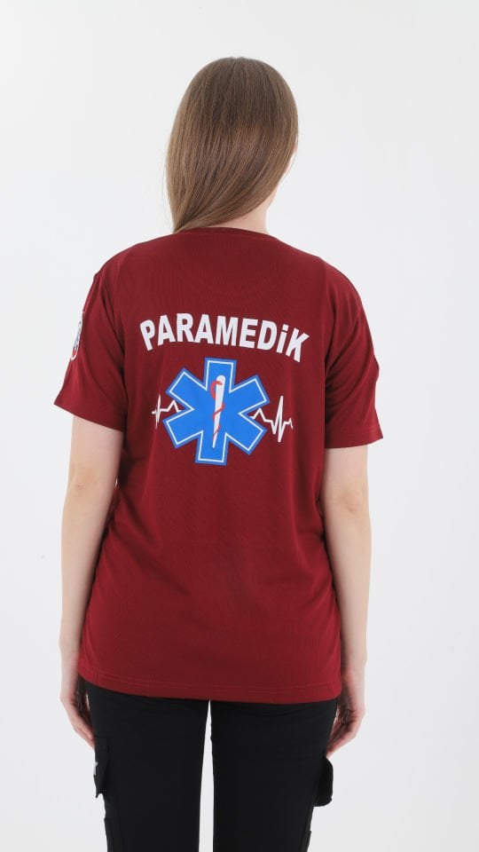 YENİ Paramedik Bordo Sıfır Yaka Comfort T-shirt(Fileli-Unisex)