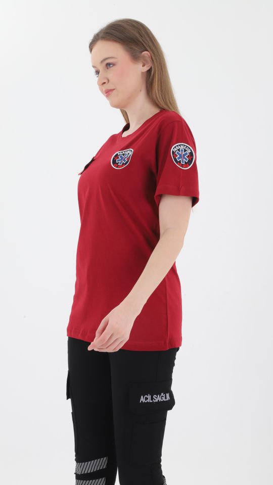 YENİ Paramedik Sıfır Yaka Bordo Penye T-shirt(Unisex)