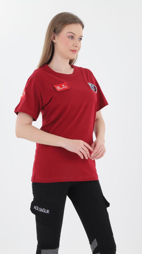 YENİ Paramedik Sıfır Yaka Bordo Penye T-shirt(Unisex)