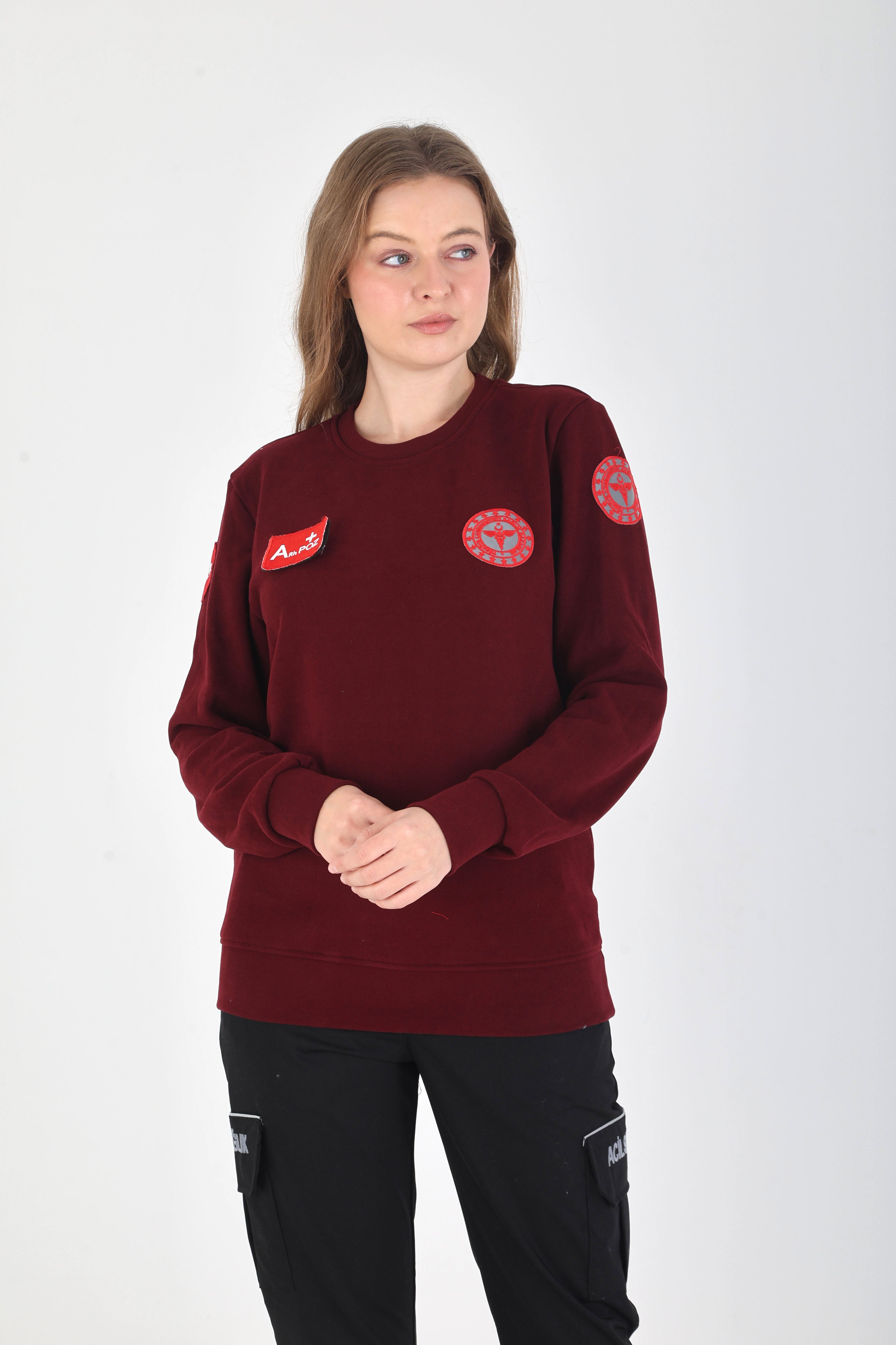 YENİ Sıfır Yaka Bordo 112 Acil Sağlık Örme Kumaş Swit (Unisex-Pamuklu)