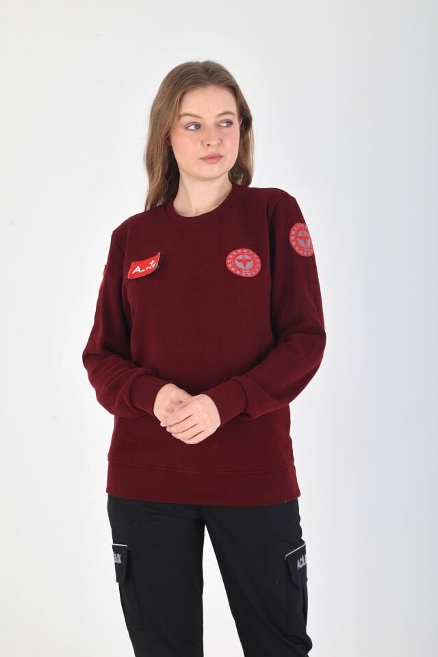 YENİ Sıfır Yaka Bordo 112 Acil Sağlık Örme Kumaş Swit (Unisex-Pamuklu)