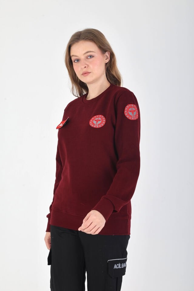 YENİ Sıfır Yaka Bordo 112 Acil Sağlık Örme Kumaş Swit (Unisex-Pamuklu)