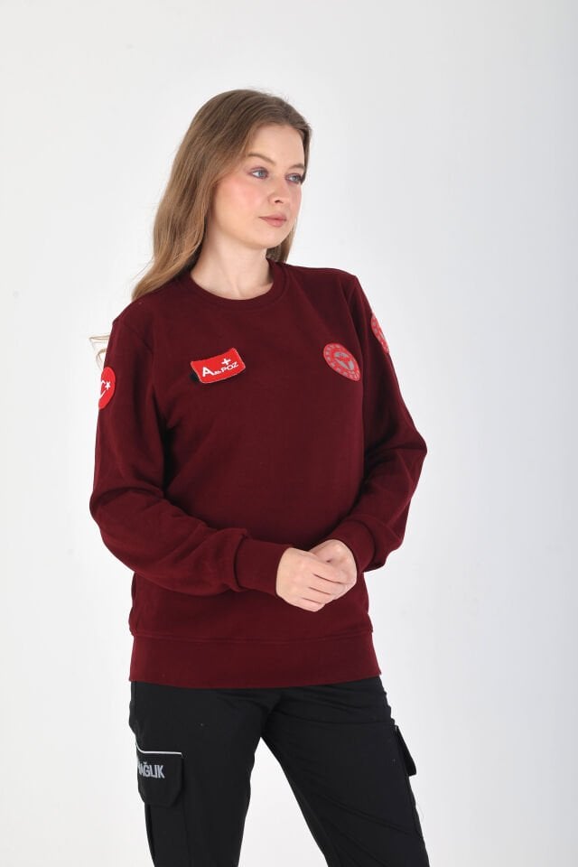 YENİ Sıfır Yaka Bordo 112 Acil Sağlık Örme Kumaş Swit (Unisex-Pamuklu)